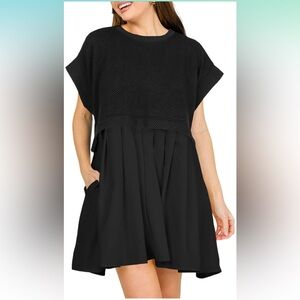Wenrine Womens Summer Dress Textured Crewneck Short Sleeve Casual. Black, Medium